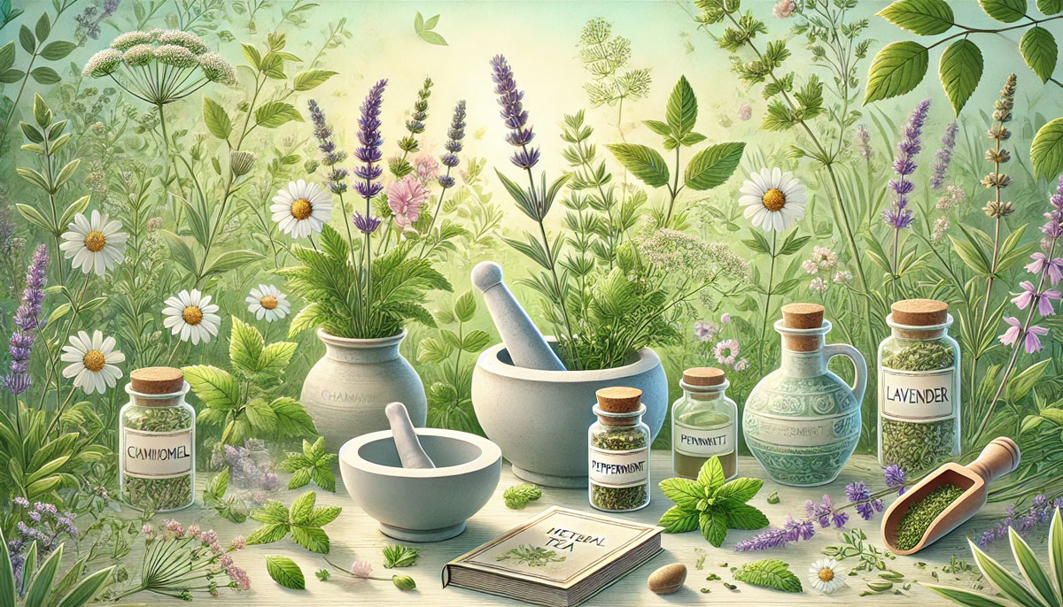 カモミールやラベンダーなどの薬草が自然の中に並び、薬草茶やすり鉢が置かれた穏やかな雰囲気のイラスト