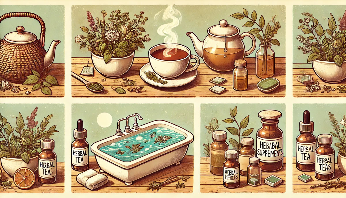 ハーブティー、ハーブ入りの入浴、サプリメントやチンキなどの薬草活用法を描いたイラスト