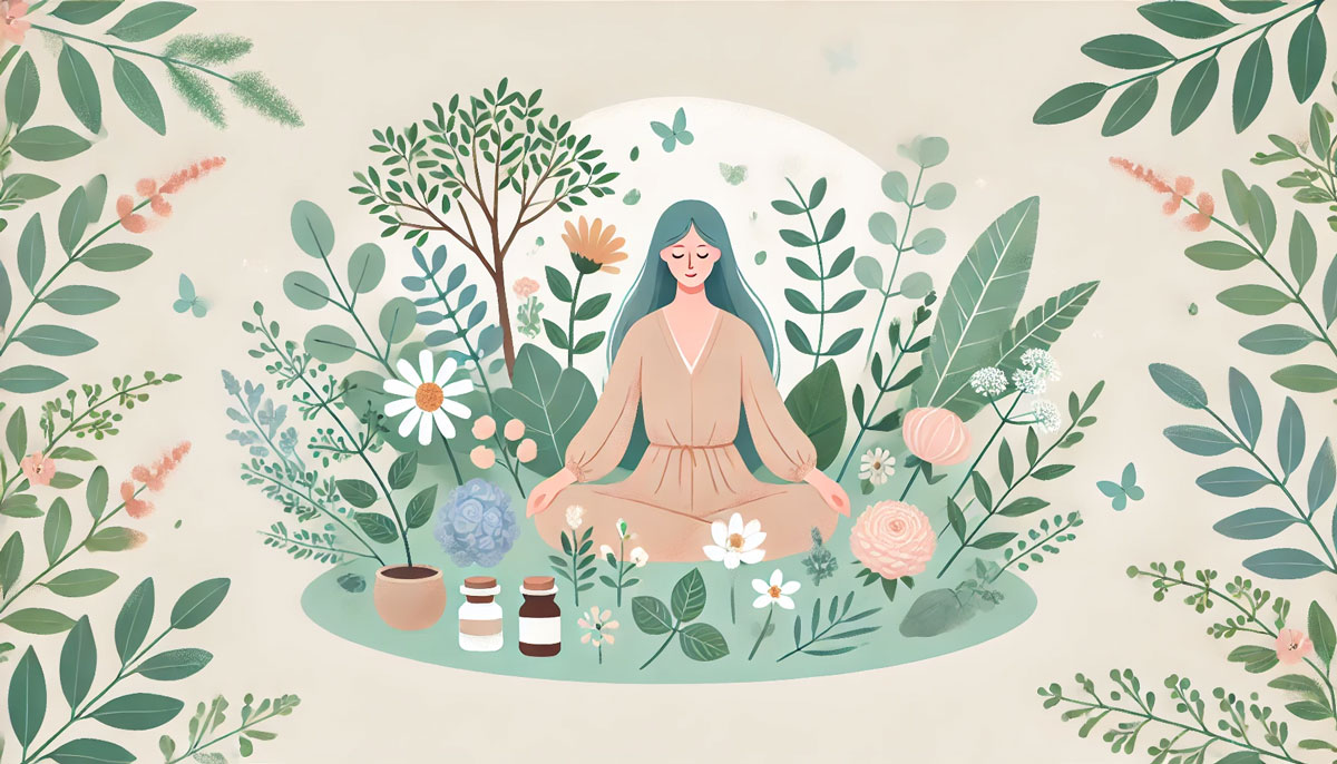草花や薬草に囲まれた自然の中で、穏やかな表情で座る女性のイラスト。心身の調和や自然とのつながり、植物の癒しの力を感じさせる、やさしく落ち着いた雰囲気の構図。