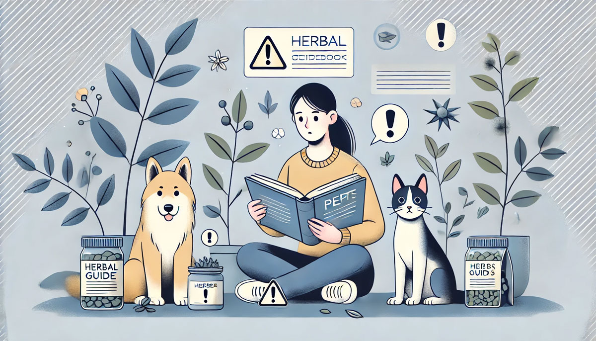 犬と猫を見守りながら、薬草ガイドブックを慎重に読む飼い主のイラスト。近くには注意マークの付いた薬草が置かれており、安全性に配慮する様子が穏やかに描かれている。