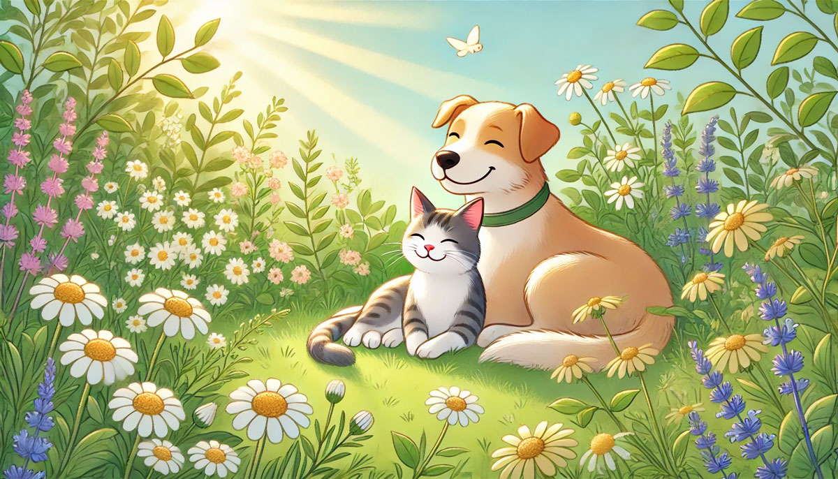 太陽の光が差し込む庭で、ハーブに囲まれて穏やかに寄り添う犬と猫のイラスト。カモミールやカレンデュラ、レモンバームが咲き、自然と調和した癒しの暮らしが表現されている。