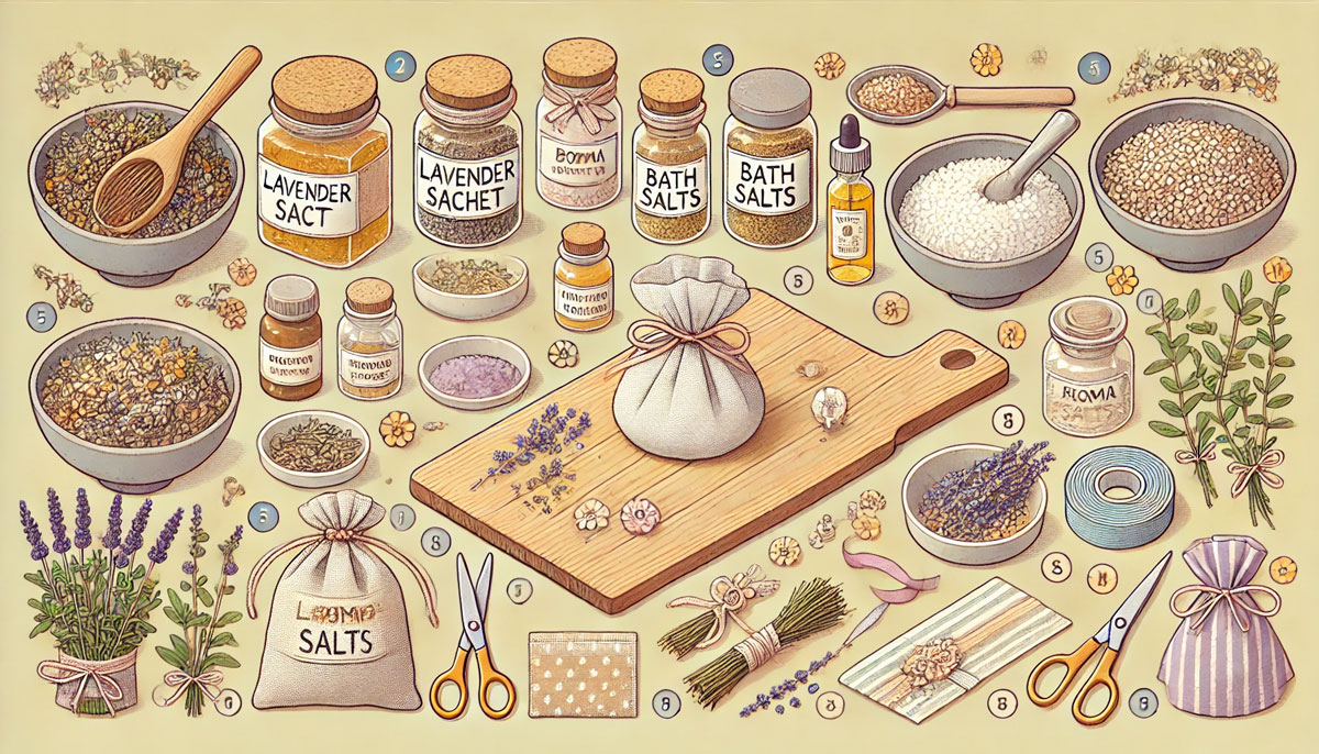 薬草クラフトの制作手順を描いたイラスト。ラベンダーのサシェ、バスソルト入りの瓶、アロマポーチなどが、乾燥ハーブやリボン、布と一緒に木のテーブルの上に並べられ、初心者にも分かりやすい温かい雰囲気が表現されている。