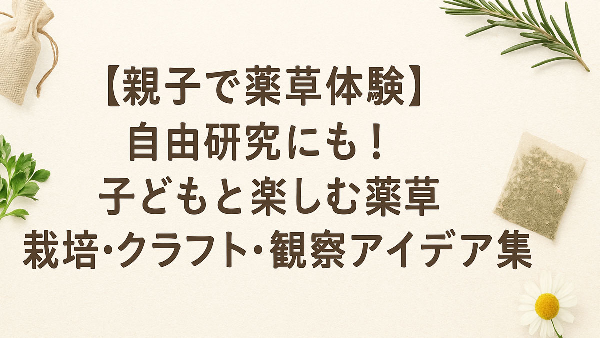 親子で薬草体験を楽しむことをテーマにした優しい雰囲気の日本語アイキャッチ画像。薬草やサシェ、カモミールなどがあしらわれたナチュラル系のデザインで、中央に「【親子で薬草体験】自由研究にも！子どもと楽しむ薬草　栽培・クラフト・観察アイデア集」の文字が配置されている。