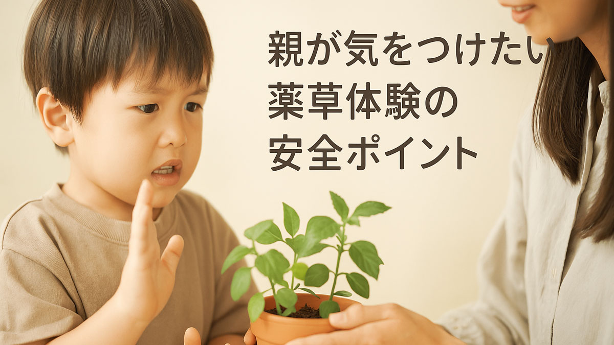 薬草体験中に子どもが植物に対して注意を示す様子を描いたやさしい印象の写真。右寄せに「親が気をつけたい薬草体験の安全ポイント」という日本語テキストが配置されており、ナチュラル系の配色で構成された画像。