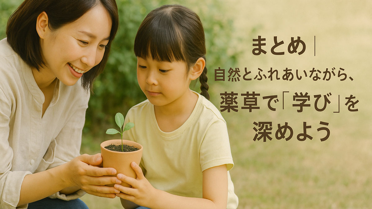 屋外で親子が薬草の鉢植えを見つめながらふれあう様子を描いた、やさしい雰囲気の写真。右寄せで「まとめ｜自然とふれあいながら、薬草で『学び』を深めよう」という日本語テキストが配置されており、ナチュラルな配色と温かな光に包まれた画像。