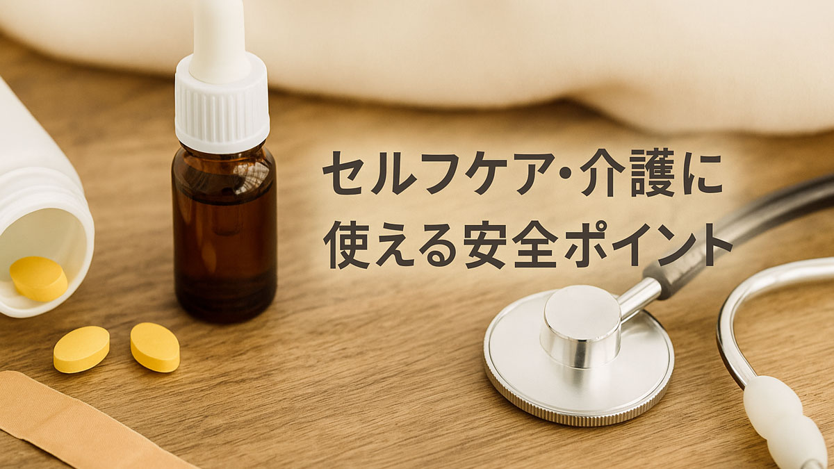 セルフケアや介護で使える安全アイテム（錠剤、スポイト瓶、バンソウコウ、聴診器）が木のテーブルに並び、「セルフケア・介護に使える安全ポイント」という日本語テキストが右寄せで配置された、やさしい雰囲気の画像。